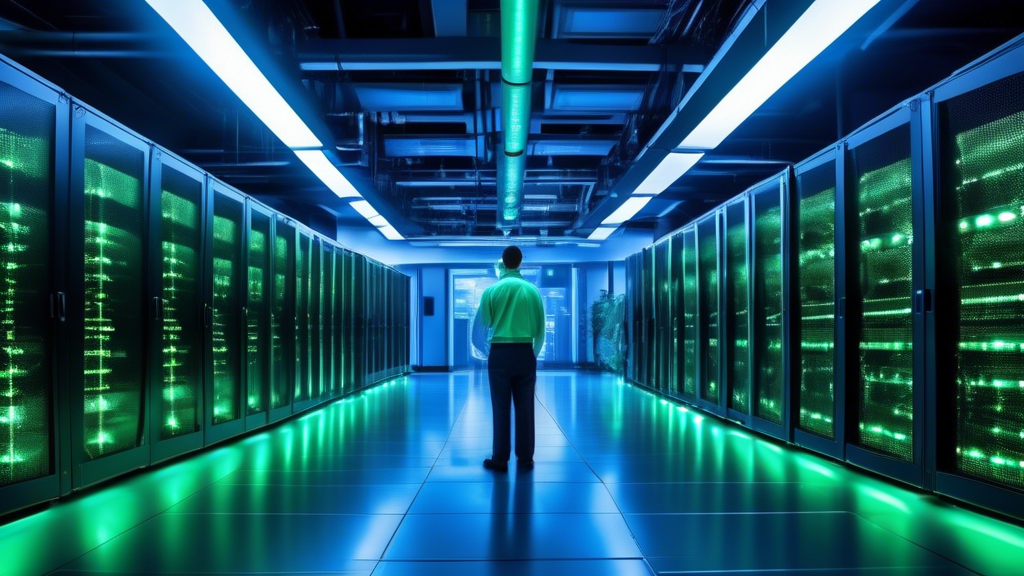 A high-tech, modern data center with rows of powerful servers illuminated by cool blue and green LED lights. Technicians in crisp uniforms monitor various