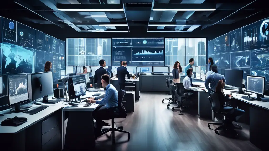 Create an image of a modern office environment where a diverse group of professionals is working collaboratively at desks filled with computers, charts, an