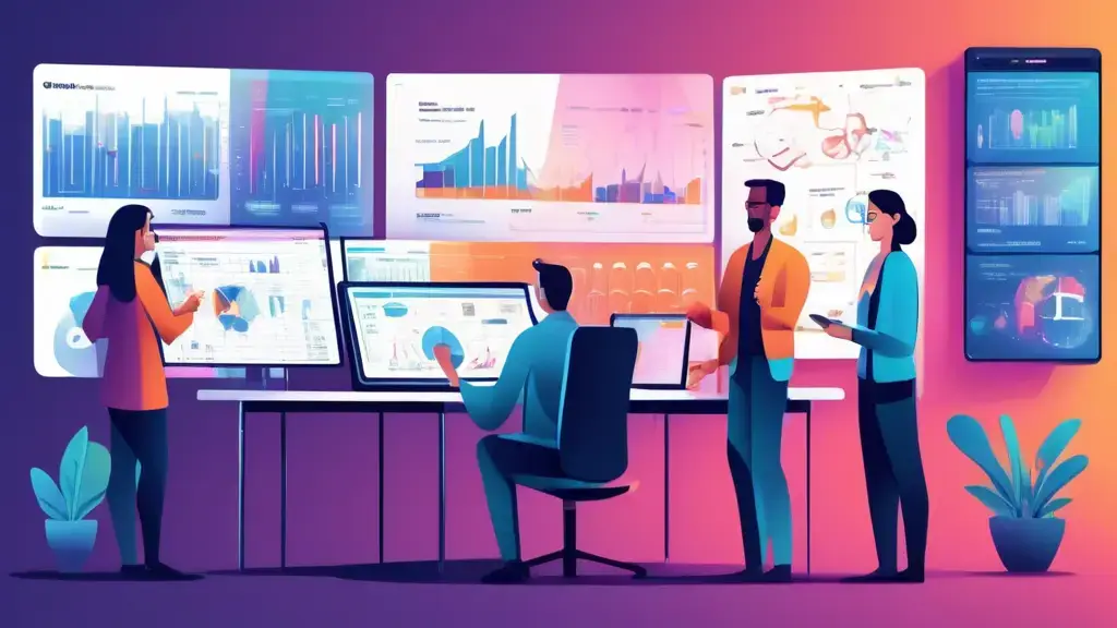 An illustration of IT professionals analyzing a digital dashboard with metrics, graphs, and charts in a modern office setting. The scene includes diverse t