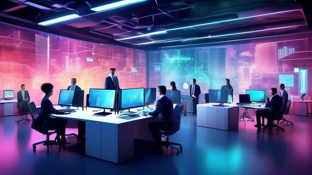 Create an image of a dynamic, futuristic office space with various tech devices and servers expanding seamlessly outwards, symbolizing growth and adaptabil