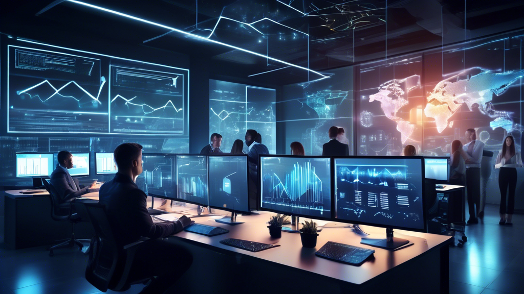 A modern office space with a diverse team working on various digital devices, like computers, tablets, and smartphones. The image features a series of char