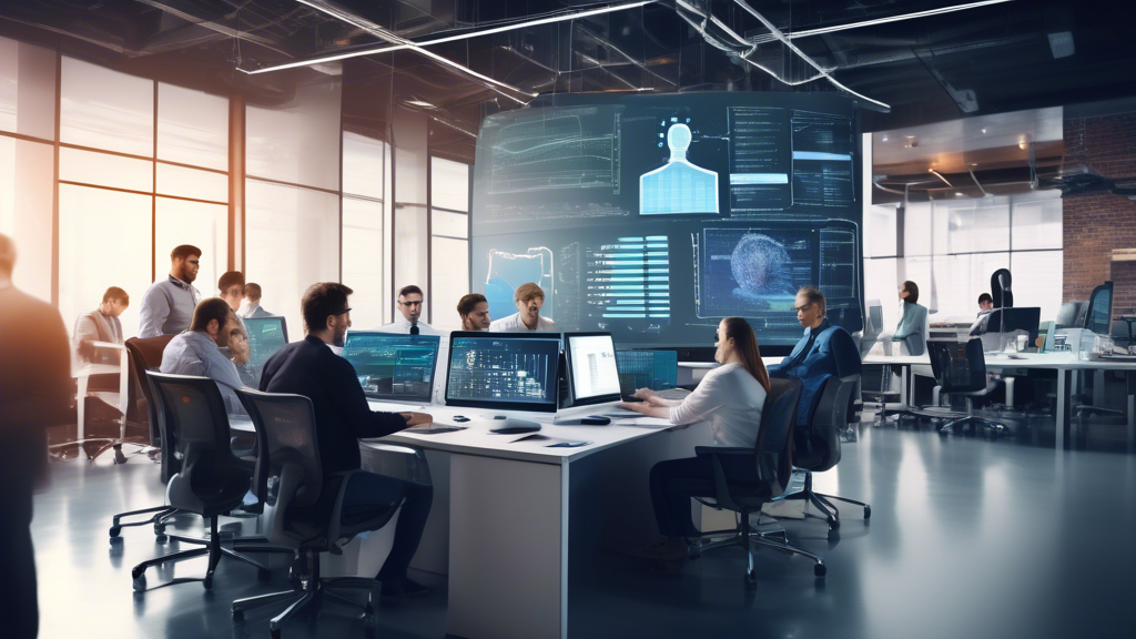 A modern office setting with various IT professionals collaborating at a large table, surrounded by multiple computer screens displaying different software