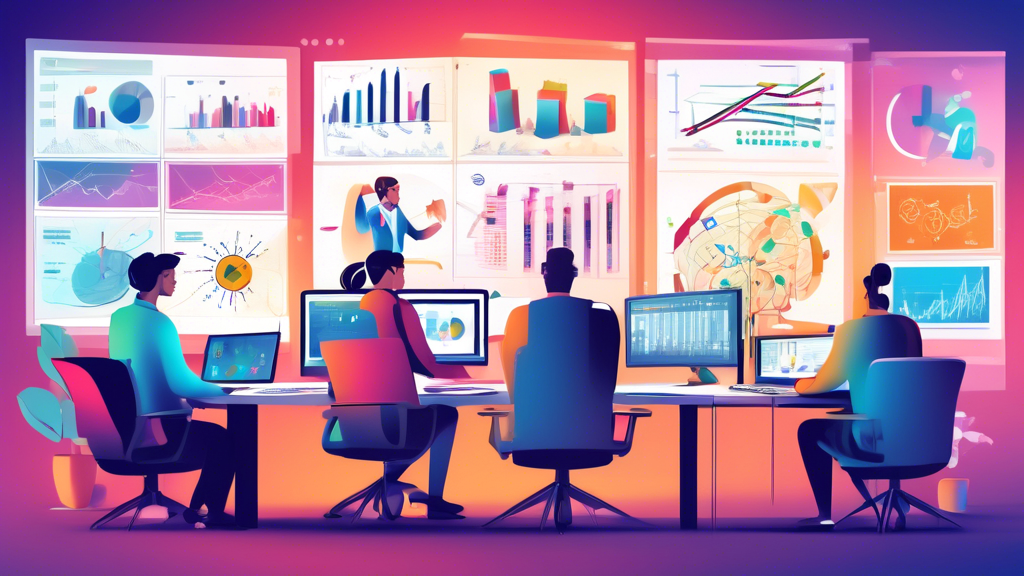 A modern office environment with a diverse team of IT professionals analyzing different software tools on large computer screens, featuring charts, graphs,