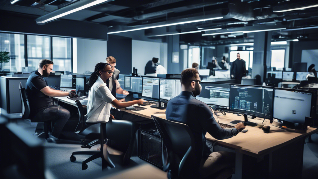 An image showing a diverse team of IT support specialists working together in a modern office. One specialist is on the phone assisting a client, another i