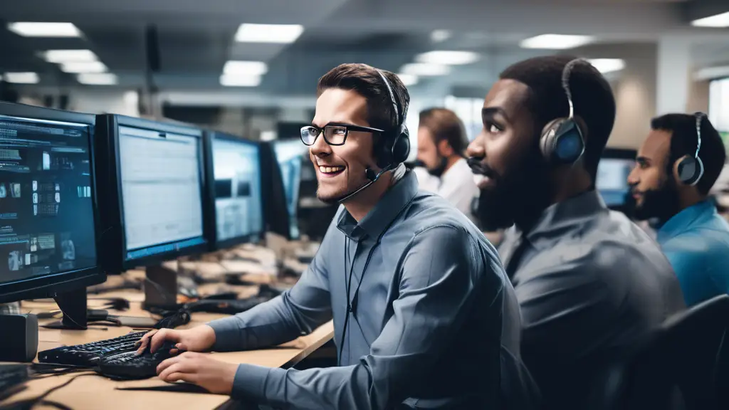 A tech-savvy IT support specialist in an office environment, patiently assisting an employee with a computer issue. The specialist, wearing a headset, is s