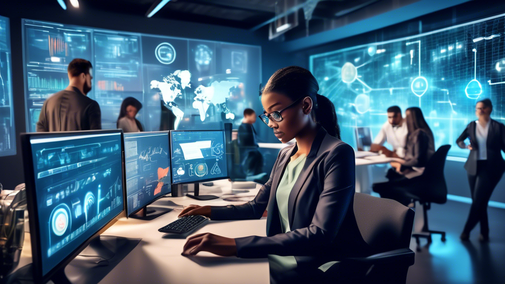 A modern small business office filled with diverse employees working on advanced technology such as AI-powered devices, cloud computing systems, and smart