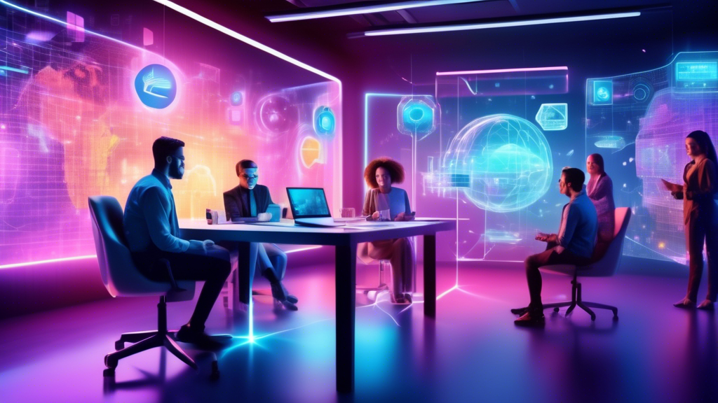Create a vibrant, futuristic office scene where a small business team is actively collaborating using cutting-edge technology. Highlight features like holo