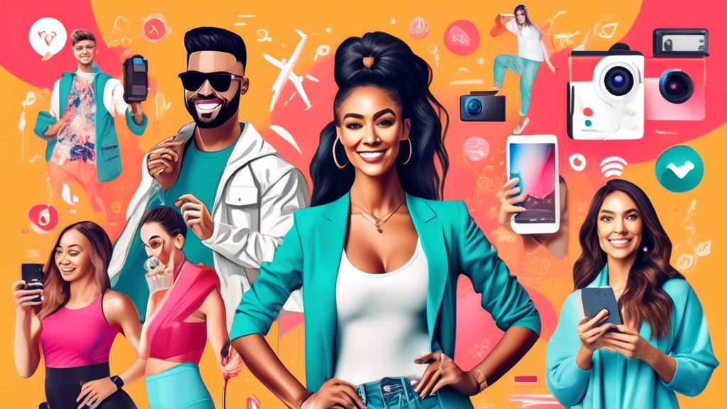 A dynamic collage of diverse social media influencers: a fashion influencer posing in chic attire, a fitness guru performing a workout routine, a travel vl