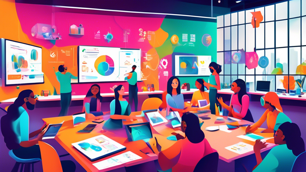 Create an image of a lively, modern workshop setting where diverse people are participating in interactive activities. Include elements such as touch scree