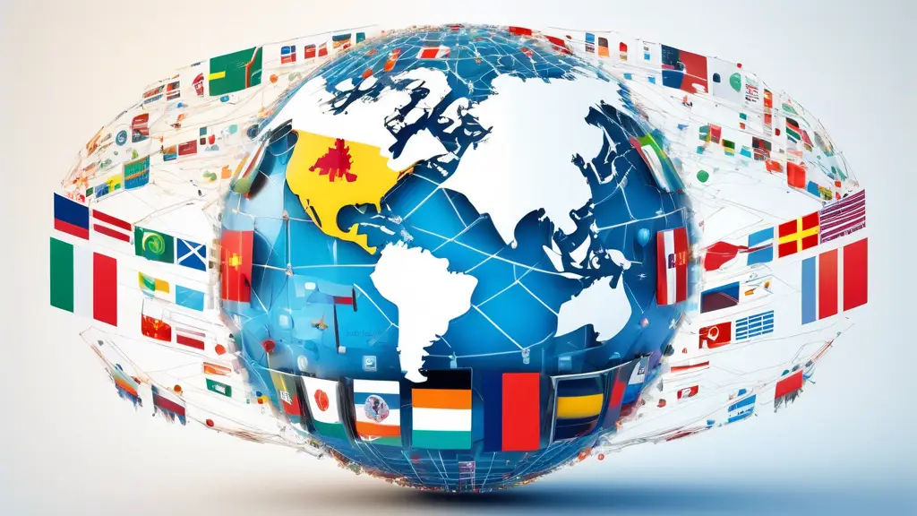 A futuristic digital globe surrounded by interconnected icons of various countries' flags, blending seamlessly into a world map made from website elements