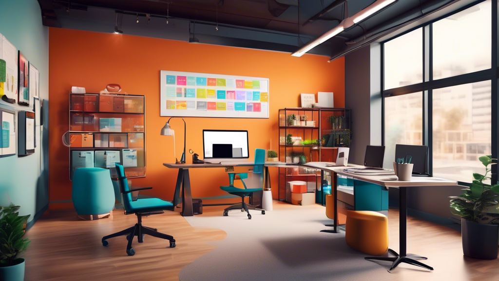 A modern small business office, styled with sleek furniture and vibrant colors, showing various automation tools in action—like a robot handling package de