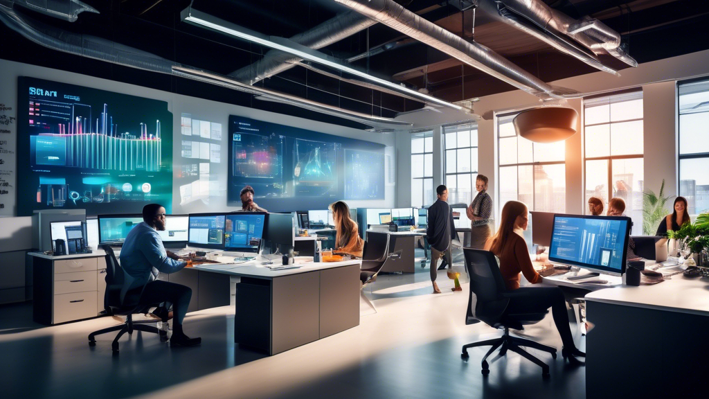 A vibrant, modern office space featuring a small business team. A diverse group of employees is seen using cutting-edge technology and automation tools, su