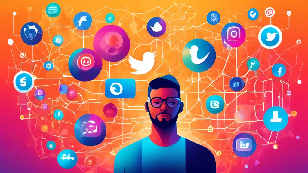 A vibrant, dynamic illustration of a person confidently engaging with multiple social media platforms like Instagram, Twitter, LinkedIn, and Facebook, surr