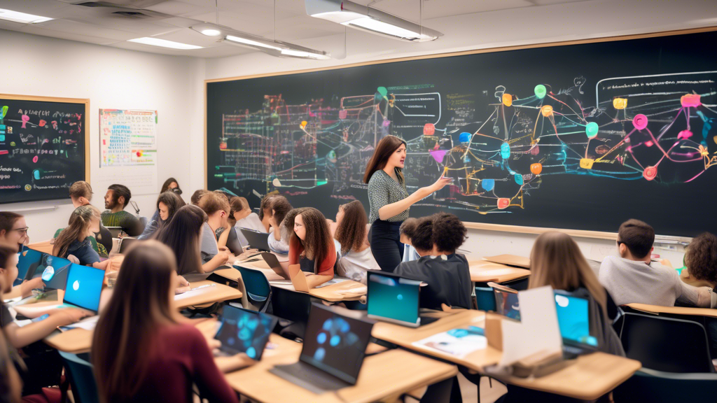 A vibrant classroom setting with a chalkboard displaying Link Building 101 prominently. The focus is on a teacher pointing to a colorful diagram showing in