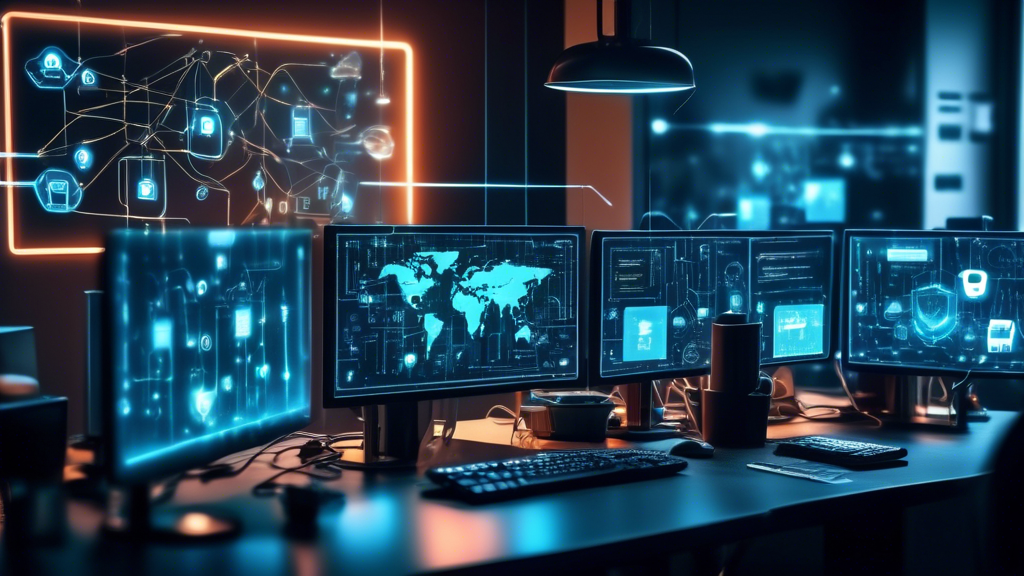 A high-tech office environment with a close-up on a computer network hub surrounded by glowing locks and shields. Cybersecurity icons like padlocks, keys,