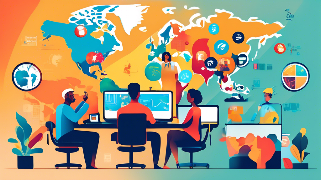 Create an illustration depicting a diverse team of professionals working remotely from different locations around the world. Include elements such as lapto