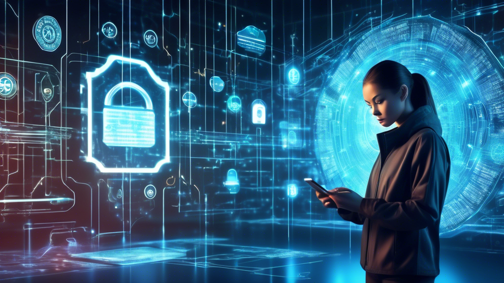 A futuristic scene where a person is using a smartphone and a tablet, surrounded by holographic security shields and digital locks. Show elements like encr