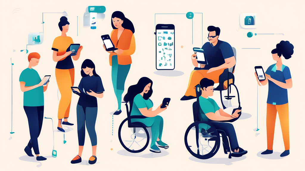 Create a detailed illustration of various people using mobile devices with accessibility features. Show diverse individuals, including those with disabilit
