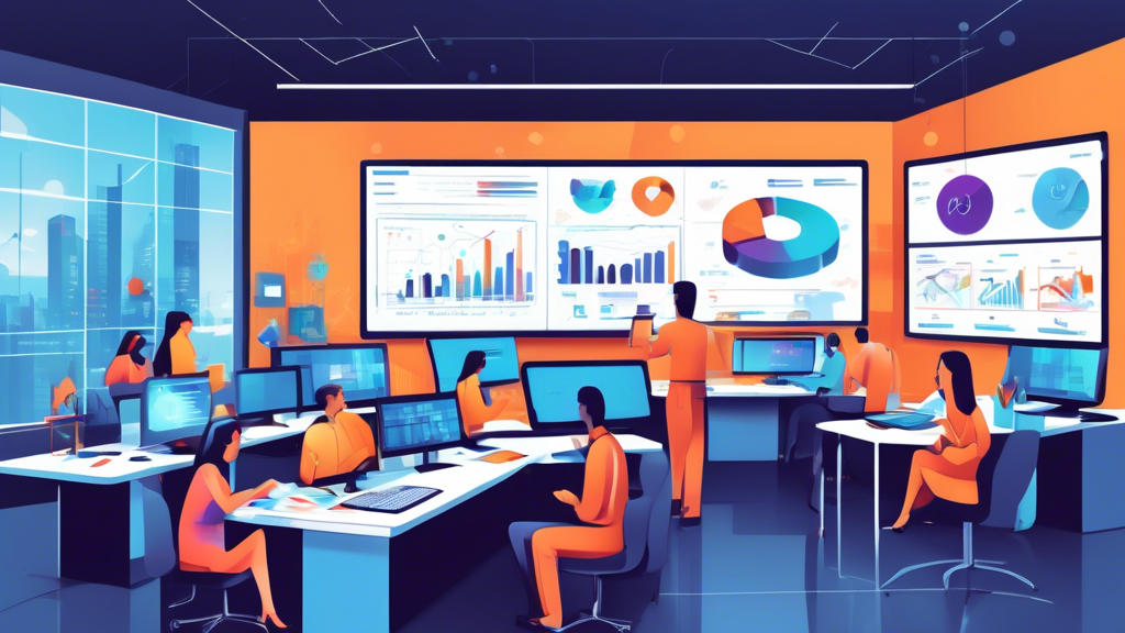 Create a detailed illustration of a bustling digital workspace dedicated to mobile marketing analytics. The scene should include an array of mobile devices