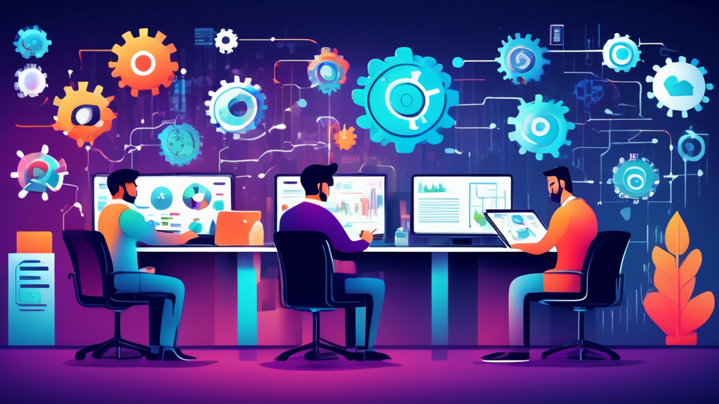 A modern office setting with professionals using various mobile devices like smartphones and tablets. On the screens, interconnected icons and graphs illus