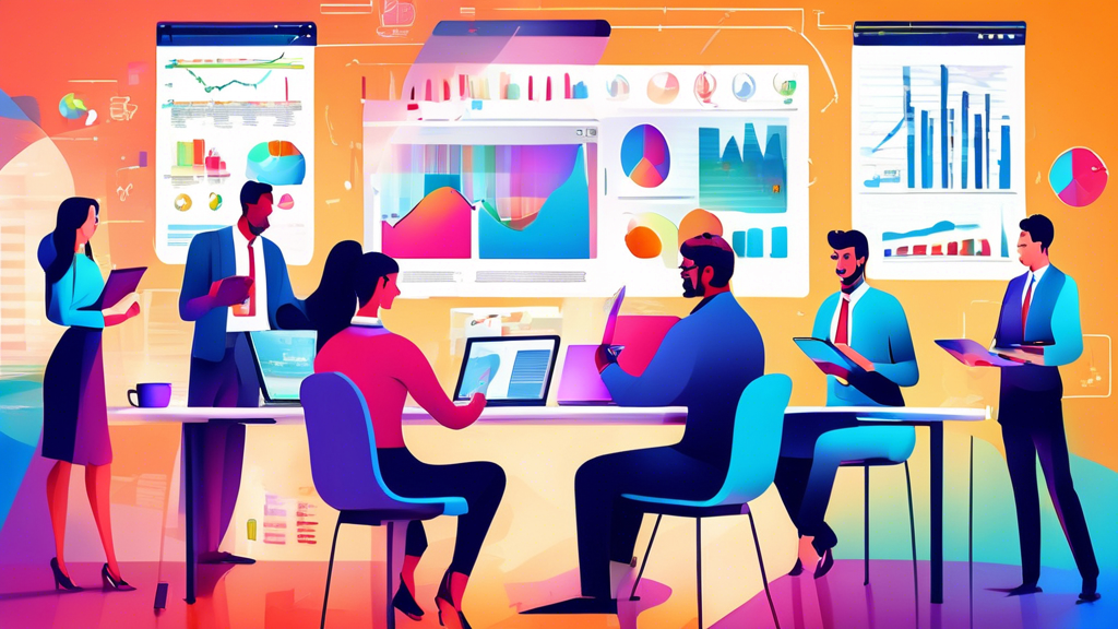 A dynamic and professional office scene where marketing analysts are gathered around a large table with charts, graphs, and mobile devices. The focus is on
