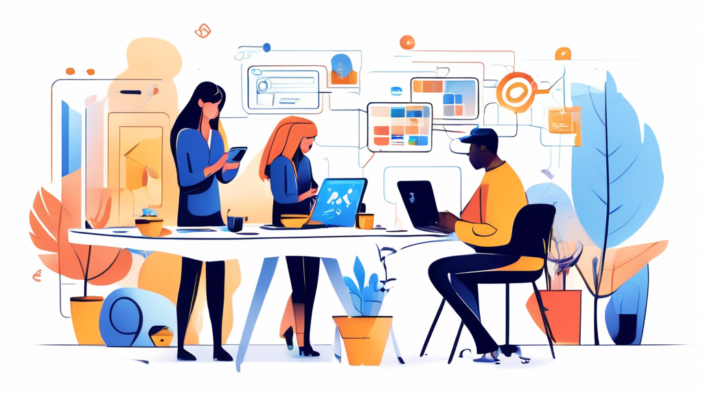 An illustrated scene showcasing different mobile marketing strategies represented by various characters. One character is analyzing data on a smartphone, a