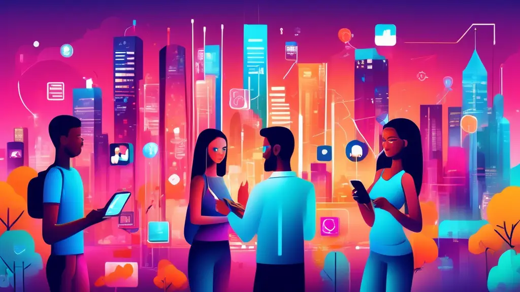 A vibrant cityscape background with diverse people using mobile devices and interacting with various elements such as app notifications, mobile ads, and so