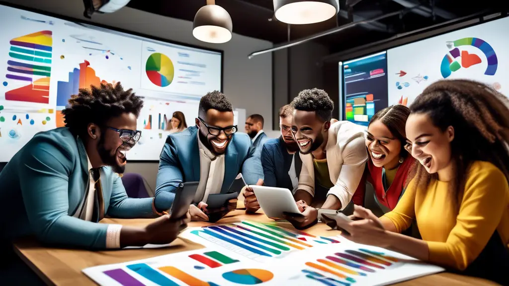 A dynamic scene showcasing a group of diverse marketing professionals working enthusiastically around a large table, using various mobile devices like smar