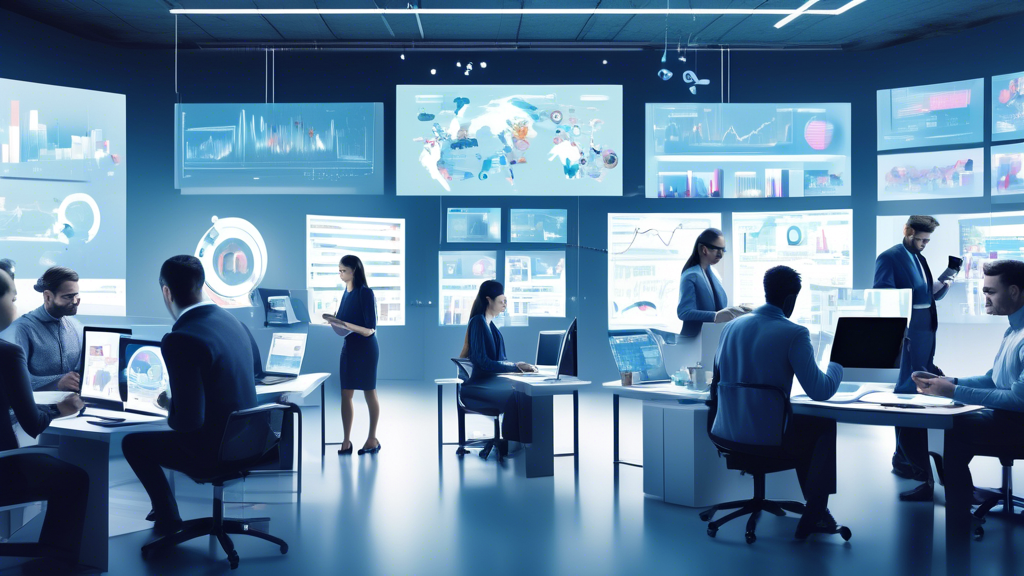 A team of marketers in a modern office setting, surrounded by multiple desktop and mobile devices. They are analyzing data charts and graphs displayed on l