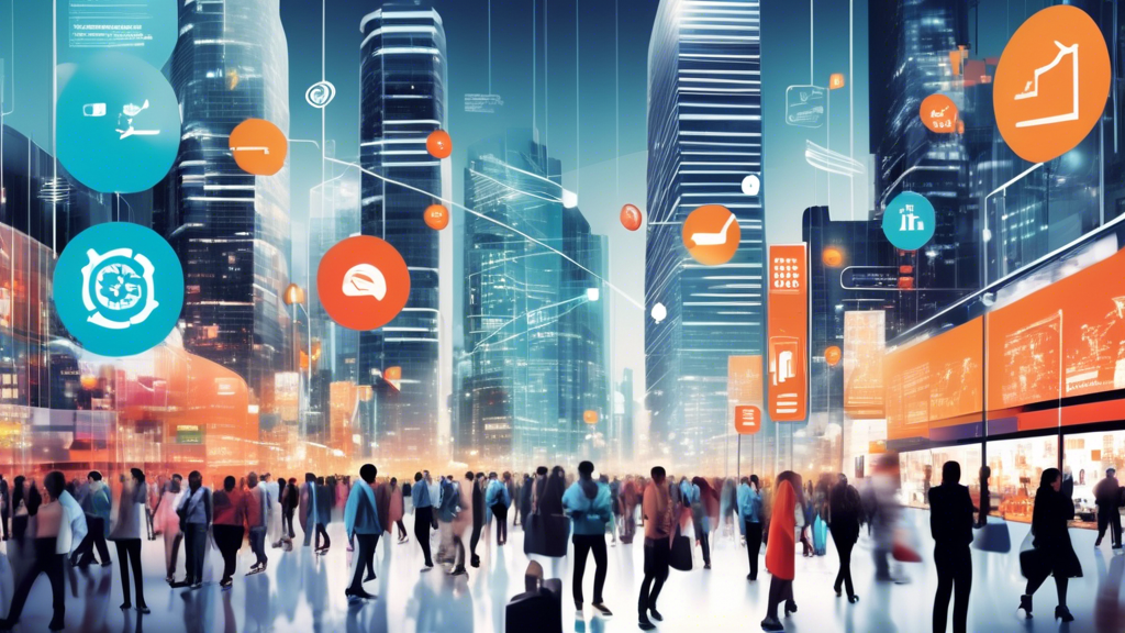 A bustling urban setting with diverse people using smartphones, showcasing various mobile apps like shopping, social media, and navigation. On top of the i