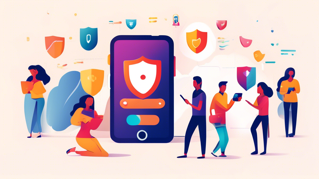 An illustration of a mobile phone with a shield icon on its screen, symbolizing data protection. In the background, a diverse group of people, happily usin