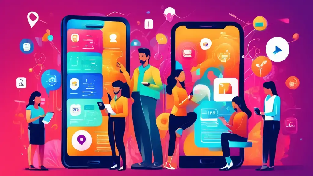 A vibrant scene showing a diverse group of people actively using their smartphones, surrounded by icons representing notifications, rewards, in-app message