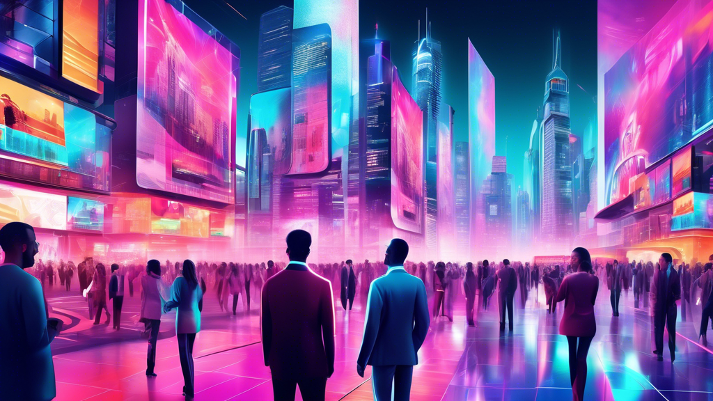 A futuristic cityscape filled with vibrant holographic advertisements and digital billboards, all showcasing various mobile marketing campaigns. People in