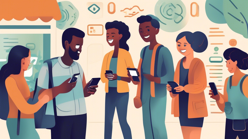 A diverse group of people of different ages and backgrounds engaging with their smartphones in various settings, such as a coffee shop, park, and commute.