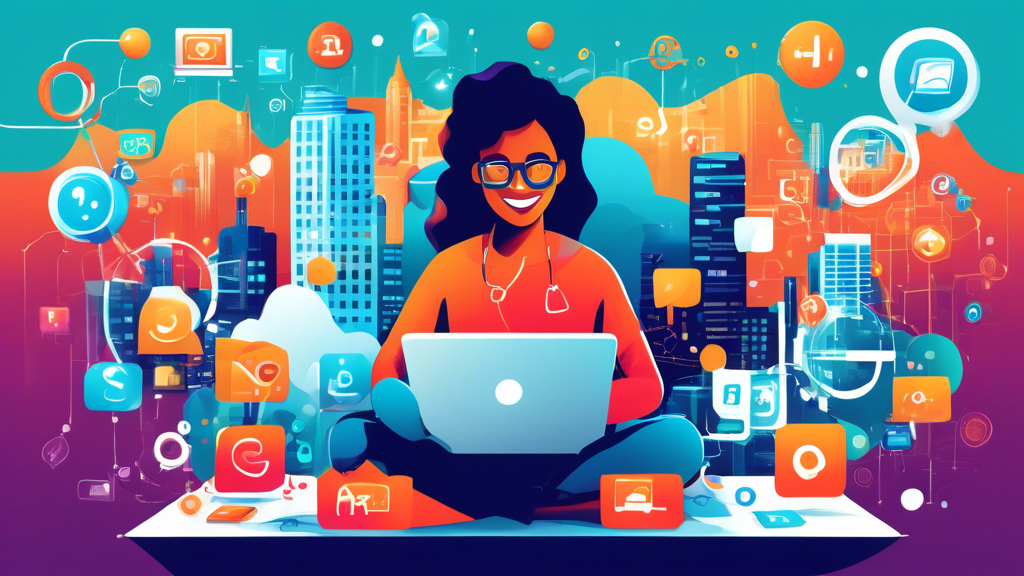 A vibrant illustration of a person working on a laptop surrounded by floating smartphones and tablets displaying various websites and apps. The background