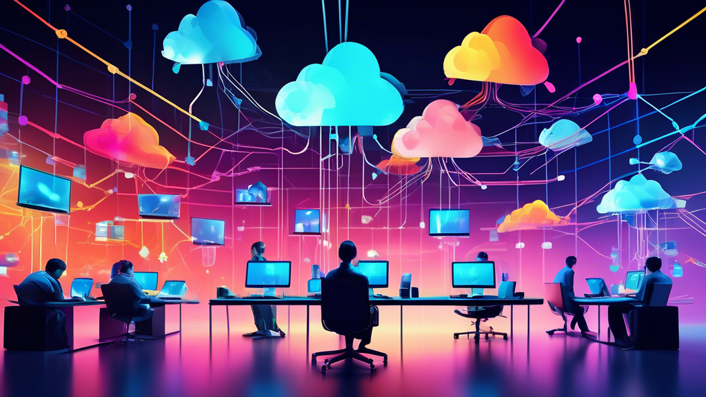 A futuristic office setting with multiple cloud icons hovering above different computer servers. Each cloud icon is connected via vibrant, multicolored lin