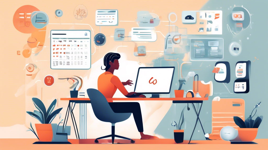 An image of a person sitting at a desk in a modern, well-organized home office. The person is calmly giving voice commands to a smart device, while various