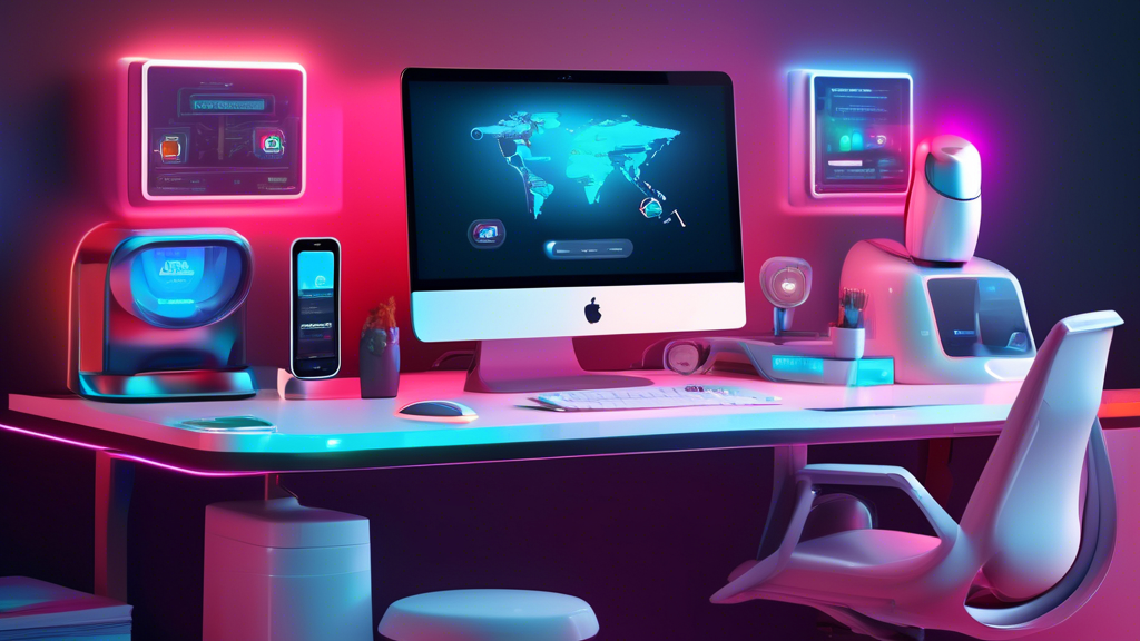 A futuristic desk setup with a sleek computer displaying task automation software, surrounded by smart gadgets like voice-activated assistants, automated c