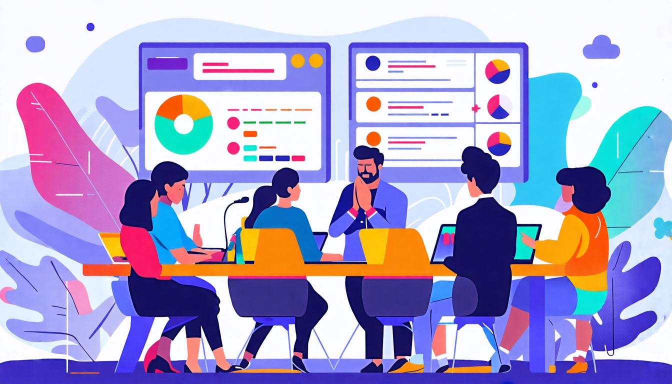 A diverse group of professionals sit around a modern conference table with laptops, discussing online reputation management strategies. The room features i