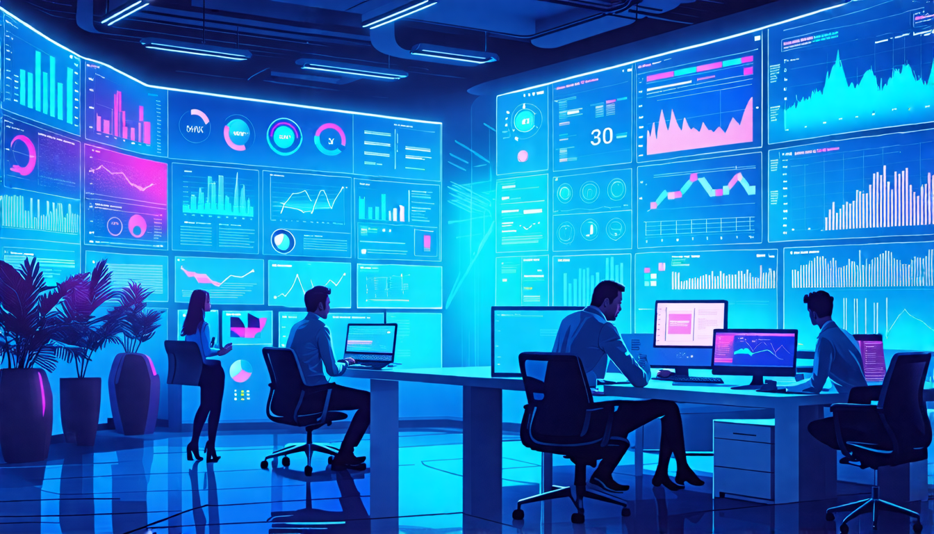 A futuristic office space filled with holographic screens displaying various graphs, charts, and social media feeds. A diverse team of professionals analyz