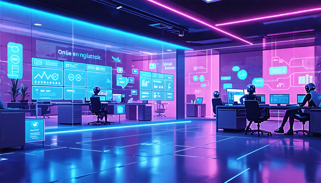A futuristic office with advanced AI tools and robots efficiently managing and monitoring online reputation tasks on large, transparent screens. The scene