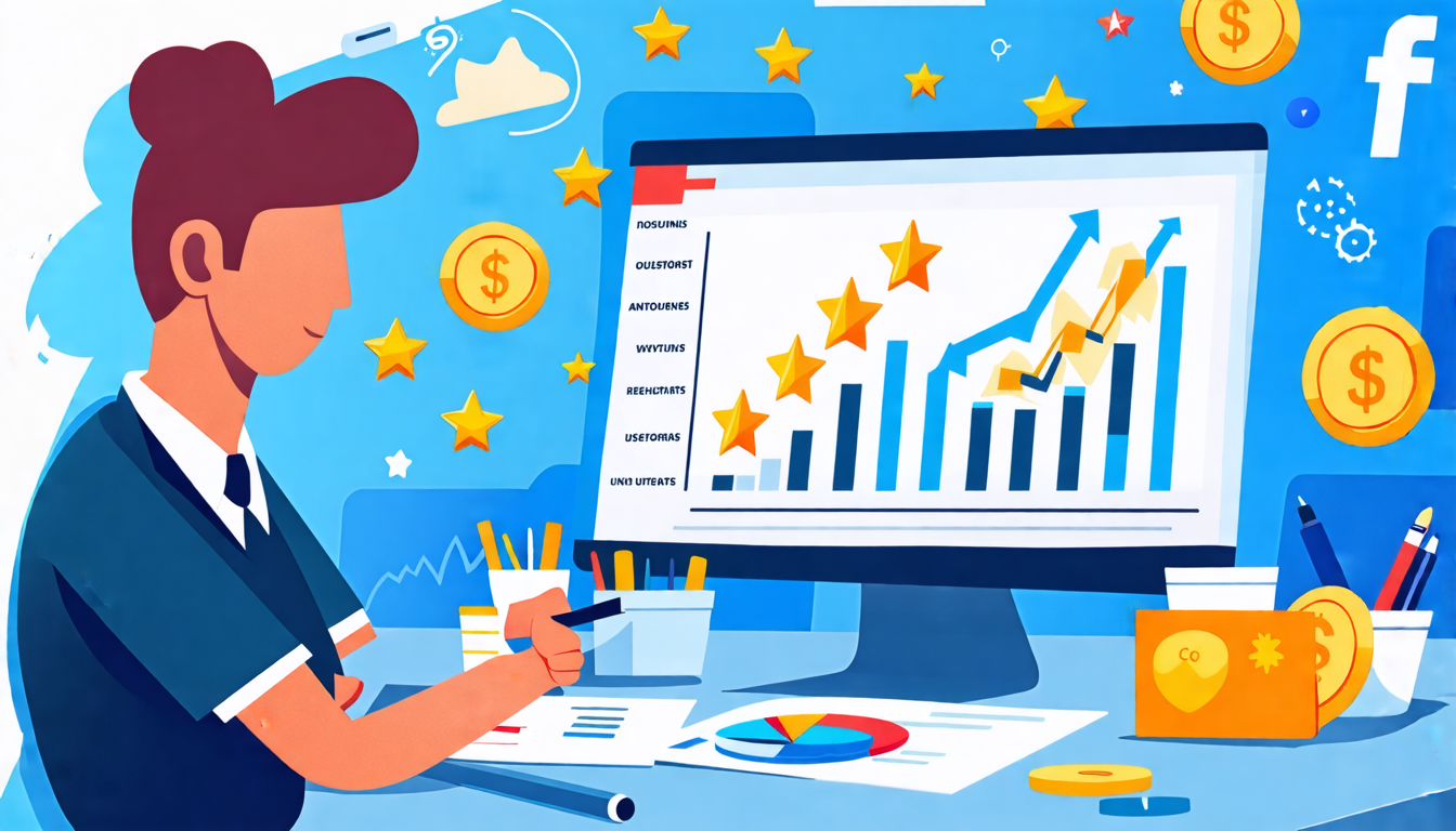A business professional analyzing charts and graphs on a computer screen, with a focus on dollar signs and rating stars. A meticulous plan and budget are l