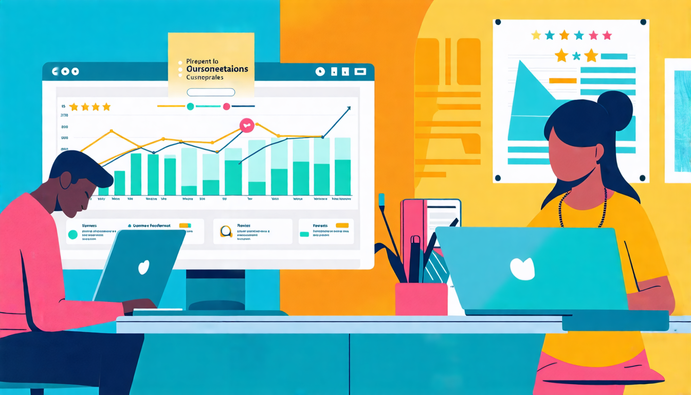 An illustration of two individuals examining their laptops, with one screen showing a graph comparing online reputations of different companies, and the ot