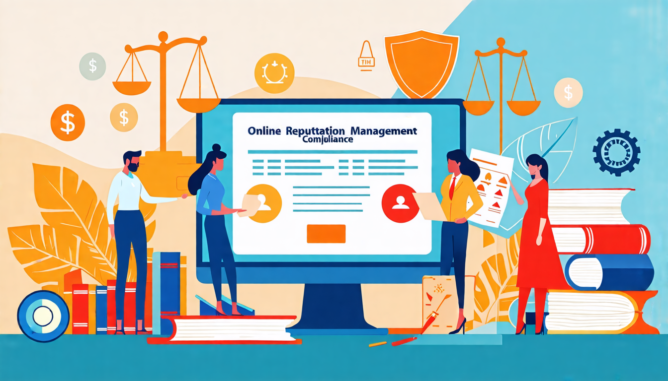 An office scene where legal professionals and digital marketing experts collaborate on a computer that displays a webpage on online reputation management c