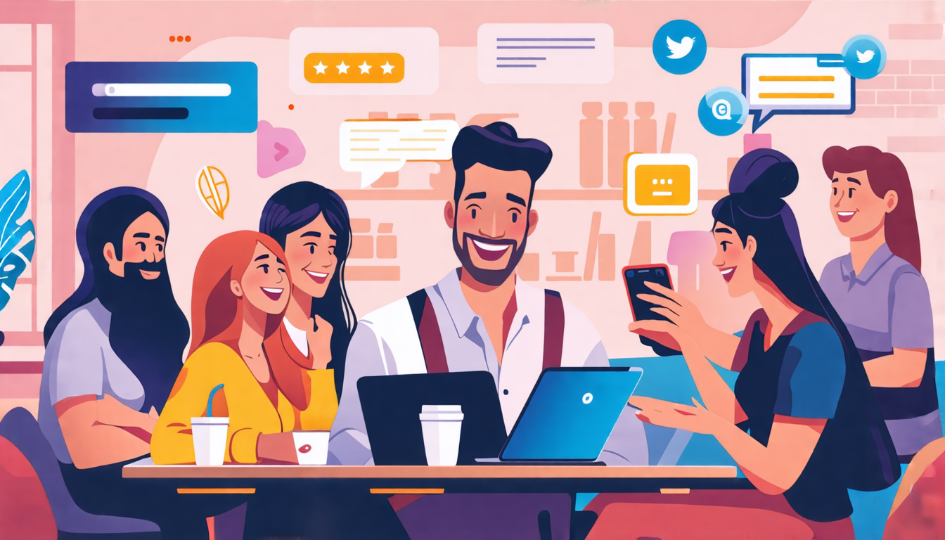 A diverse group of customers interacting positively with a business owner in a cozy modern cafe environment, displaying satisfaction and happiness on their