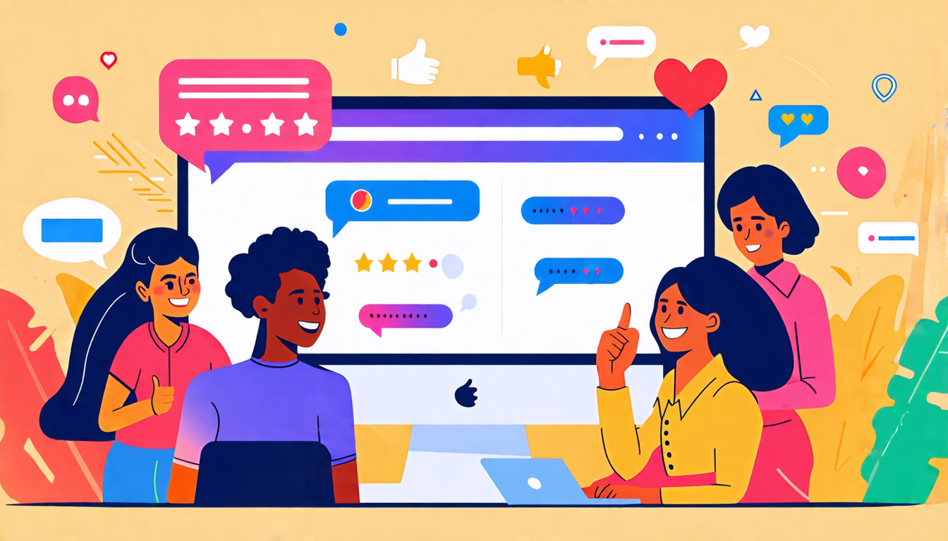 A colorful illustration of a diverse group of professionals gathered around a computer screen, smiling and engaged in a lively discussion. The screen shows