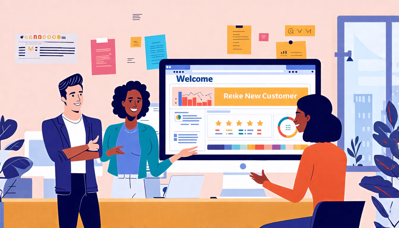 A welcoming scene in a modern office setting, where a team of friendly professionals is onboard a new customer. One person is guiding the new customer thro