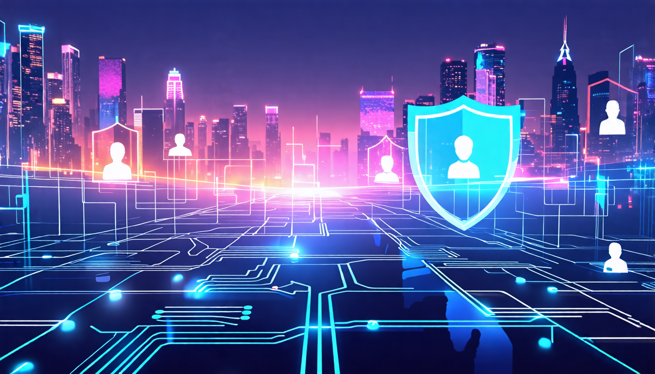 A futuristic digital landscape where holographic privacy shields protect customers' online profiles, with a professional consultant guiding them in managin