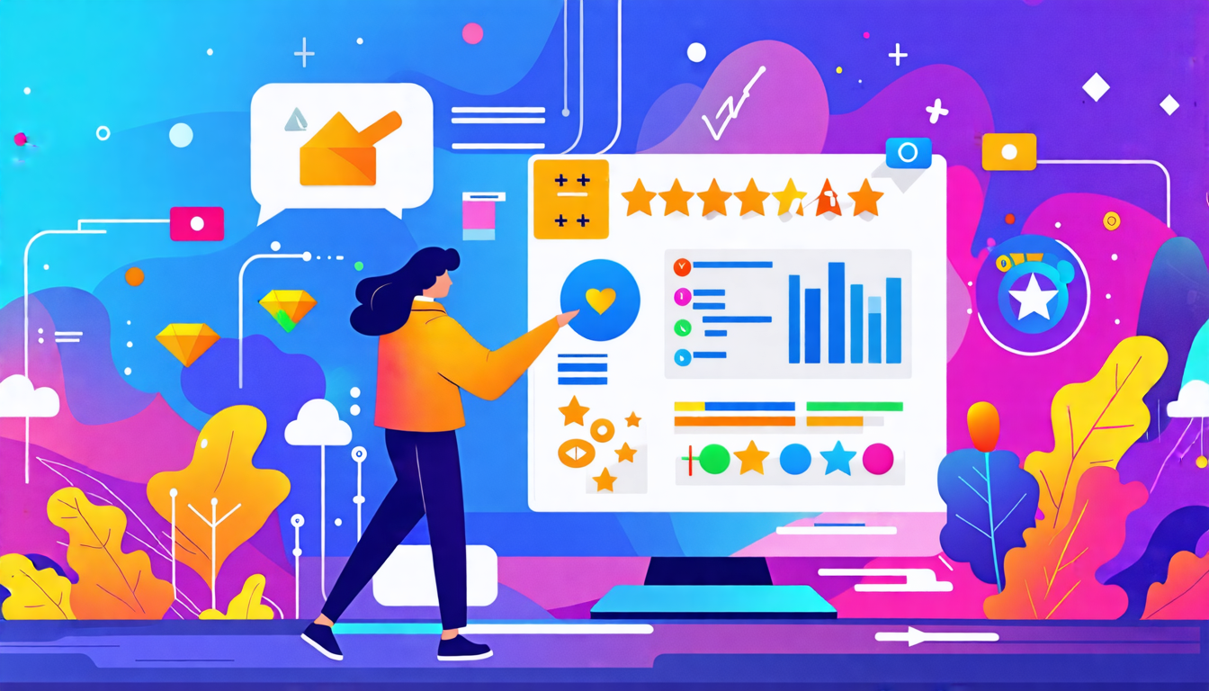 Create a digital illustration of a businessperson navigating a colorful, interactive digital landscape filled with customer reviews, social media icons, an