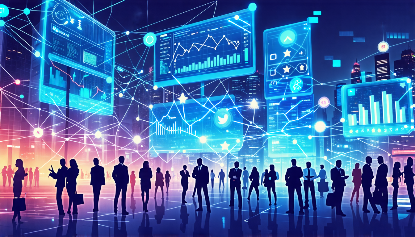 A futuristic cityscape with digital billboards and holograms displaying social media metrics, star ratings, and customer reviews. Diverse professionals in